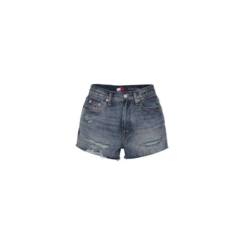 Tommy Hilfiger women denim shorts in organic cotton blue with distressed frayed hems and five-pocket design