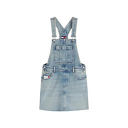 Light-wash organic cotton denim skirt overall with classic Tommy Hilfiger logo patch on chest and back pockets