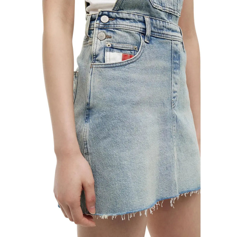 Light-wash denim mini skirt with frayed hem and tommy hilfiger logo patch made from organic cotton blue