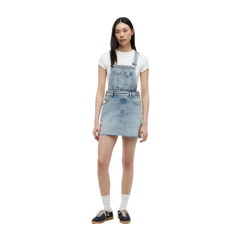 Tommy hilfiger women denim skirt in organic cotton blue with light-wash denim overalls featuring frayed hem and classic stitching