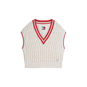 Tommy Hilfiger Damen-Gilet, cremefarbene, ärmellose Strickweste mit rot-weißem V-Ausschnitt aus Bio-Baumwolle
