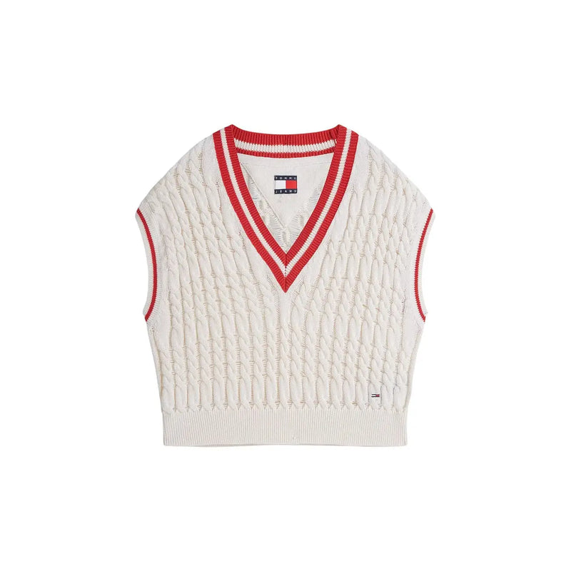 Tommy Hilfiger Damen-Gilet, cremefarbene, ärmellose Strickweste mit rot-weißem V-Ausschnitt aus Bio-Baumwolle