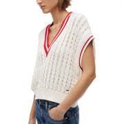 Tommy Hilfiger Damenweste, weiß, aus Bio-Baumwolle, ärmelloser Pullover mit V-Ausschnitt, rotem Besatz und Zopfmuster