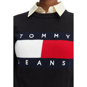 Schwarzer Strickpullover aus Bio-Baumwolle für Damen mit auffälligem Tommy Jeans-Logo und weißen und roten Streifen