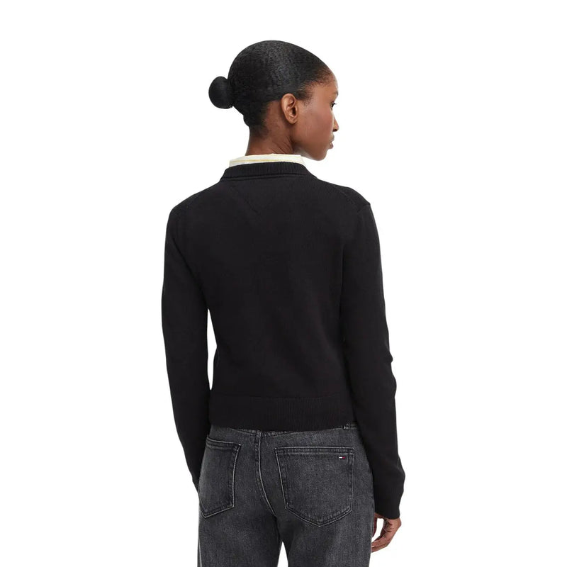 Tommy Hilfiger Schwarzer Damen-Strickpullover aus Bio-Baumwolle mit langen Ärmeln und cremefarbenem Rippstrickkragen