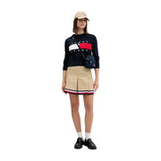 Marineblauer Tommy Hilfiger Damenstrickpullover mit rot-weiß-marineblau gestreiftem Logo aus Bio-Baumwolle