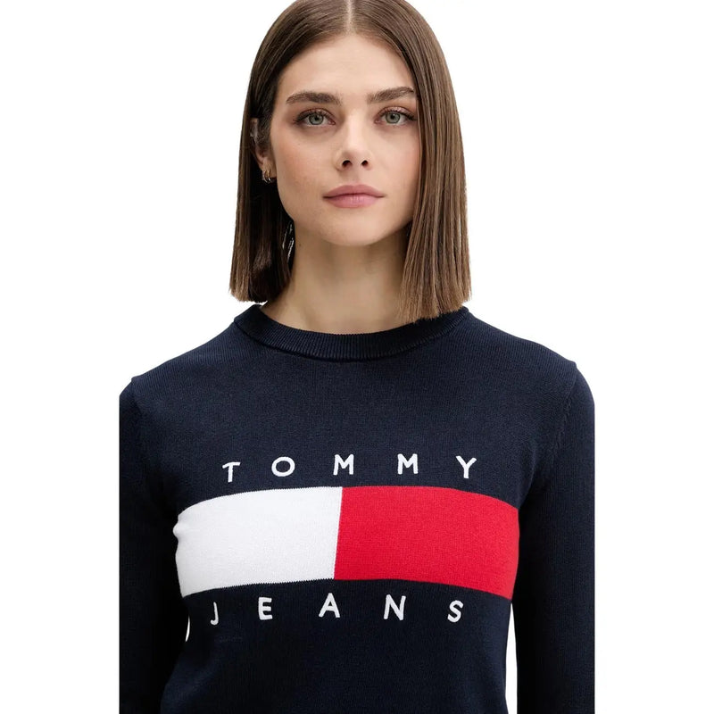 Tommy Hilfiger Damenstrickpullover aus marineblauer Bio-Baumwolle mit weiß-rotem horizontalem Streifenlogo auf der Brust