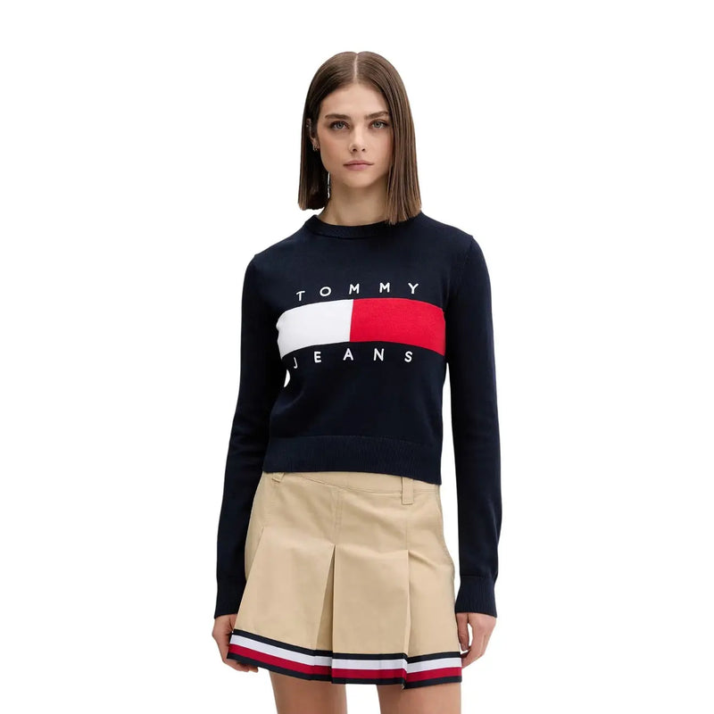 Marineblauer Tommy Hilfiger Damen-Strickpullover mit weißen und roten Logostreifen aus Bio-Baumwolle