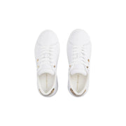 White tommy hilfiger women leather sneakers with gold-tone metallic accents on laces and heel for stylish wear