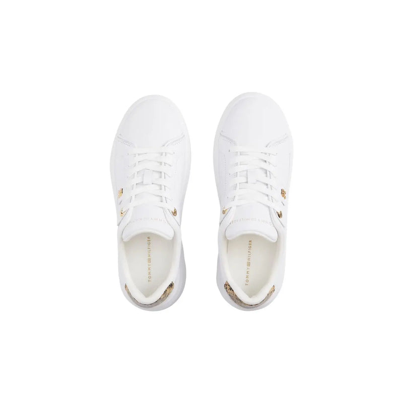White tommy hilfiger women leather sneakers with gold-tone metallic accents on laces and heel for stylish wear
