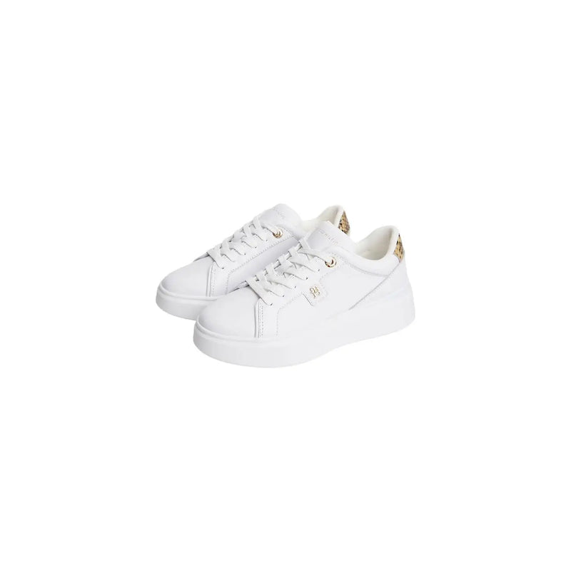 Tommy Hilfiger women leather white platform sneakers with gold-tone accents and sleek minimalist design