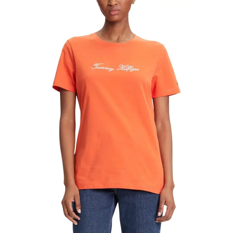 Tommy Hilfiger womens orange organic cotton t-shirt with white cursive logo