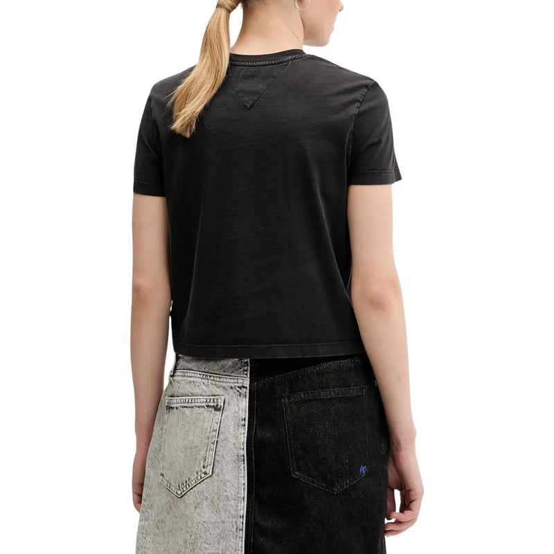Tommy Hilfiger Schwarzes, kurzärmeliges Crop-Top aus Bio-Baumwolle für Damen t-shirt mit dezenten dreieckigen Nahtdetails am Halsausschnitt