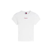Tommy Hilfiger Weißes, kurzes Damen-T-Shirt aus Bio-Baumwolle mit rotem, gesticktem Markenlogo und Flaggenmotiv am Halsausschnitt