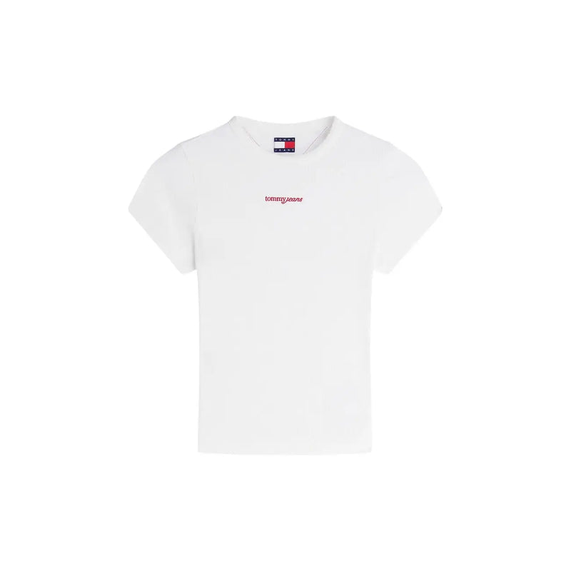 Tommy Hilfiger Weißes, kurzes Damen-T-Shirt aus Bio-Baumwolle mit rotem, gesticktem Markenlogo und Flaggenmotiv am Halsausschnitt