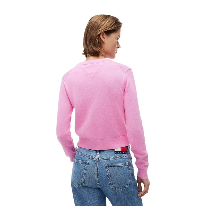 Tommy Hilfiger Kurzes, pinkfarbenes Damen-Sweatshirt aus Bio-Baumwolle mit gerippten Bündchen und dreieckigem Logo am Halsausschnitt