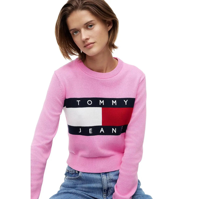 Tommy Hilfiger Damenpullover aus rosa Bio-Baumwolle mit auffälligem horizontalem Logostreifen in Marineblau, Weiß und Rot
