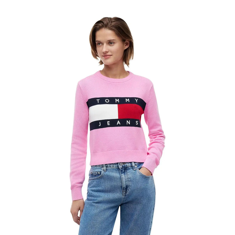 Pinkfarbenes Tommy-Jeans-Sweatshirt mit auffälligem schwarz-weiß-rotem Logo aus Bio-Baumwollstrick von Tommy Hilfiger Frauen