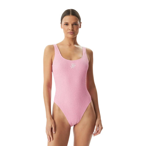 Tommy Hilfiger Damen-Badeanzug, rosa, gerippt, einteilig, mit eckigem Ausschnitt, dünnen Trägern und weißem Logo auf der Brust
