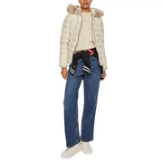 Tommy Hilfiger Beige gesteppte Damen-Daunenjacke aus Polyester mit pelzgefütterter Kapuze für den Winter