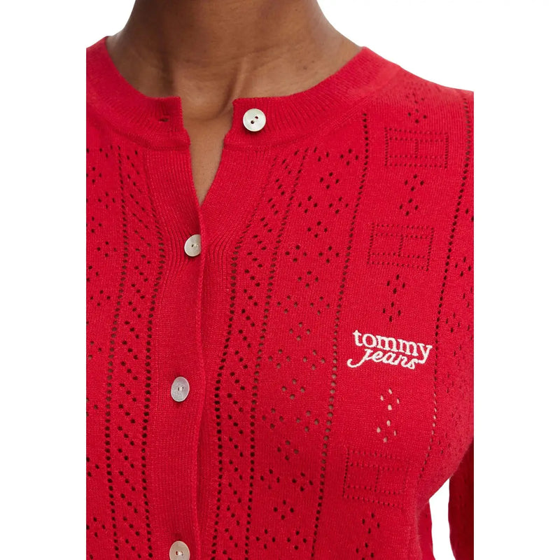 Tommy Hilfiger Roter Damen-Strickpullover aus Viskosemischung mit Lochmuster, weißen Knöpfen und Logostickerei