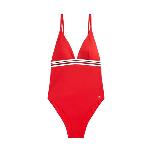 Tommy Hilfiger roter Damen-Einteiler mit dünnen Trägern, weiß gestreift, Nylon-Elastan-Triangel-Bikini