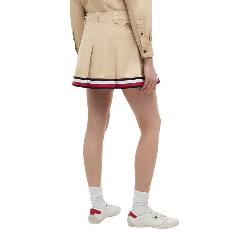 Tommy Hilfiger women skirt beige organic cotton mini with pleated design and red white navy striped hemband