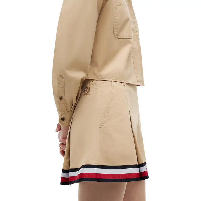 Tommy Hilfiger women skirt beige organic cotton mini with pleats and bold red white black striped hemband