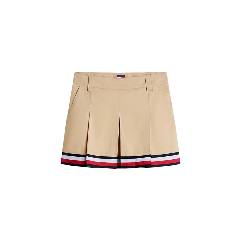 Tommy Hilfiger women beige organic cotton mini skirt with pleats and navy white red striped hem