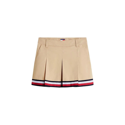 Tommy Hilfiger Beigefarbener Minirock aus Bio-Baumwolle für Damen mit Falten und marineblau-weiß-rot gestreiftem Saum