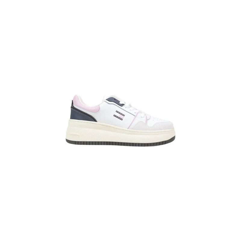 Tommy Hilfiger women sneakers white suede laces with a chunky cream sole and subtle pink accents on the heel tab