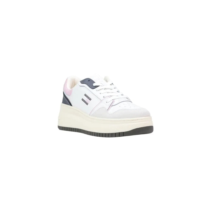 Tommy Hilfiger women white platform sneaker with suede laces navy pink accents and textured upper rubber sole
