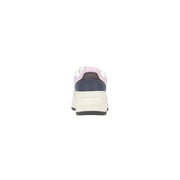 A stylish tommy hilfiger women sneaker with white suede laces and navy blue, soft pink, and white chunky sole design