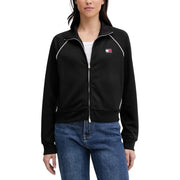 Black tommy hilfiger track jacket with white piping and small chest logo in women sweatshirt bordeaux zip turtleneck style