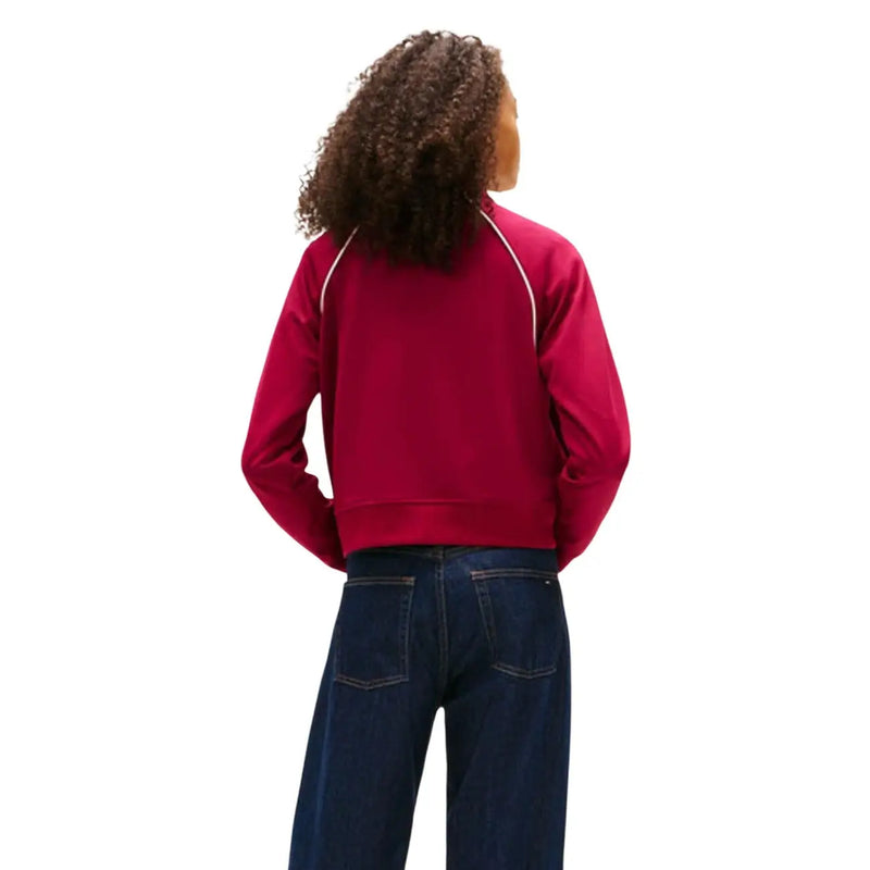 Tommy Hilfiger women sweatshirt in vibrant bordeaux with zip turtleneck and red cropped bomber jacket with white piping