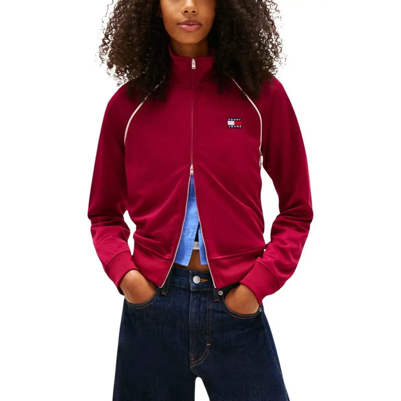 Tommy Hilfiger women sweatshirt bordeaux zip turtleneck with vibrant red track jacket design and white piping details
