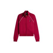 A vibrant red tommy hilfiger women sweatshirt bordeaux zip turtleneck with white piping and embroidered logo