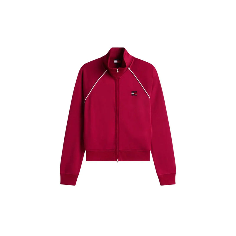 A vibrant red tommy hilfiger women sweatshirt bordeaux zip turtleneck with white piping and embroidered logo