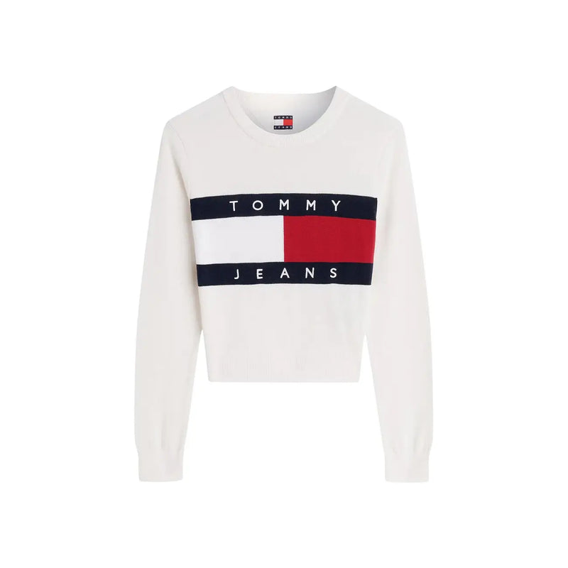 White tommy hilfiger women sweatshirt cropped with bold red white navy striped logo made from organic cotton
