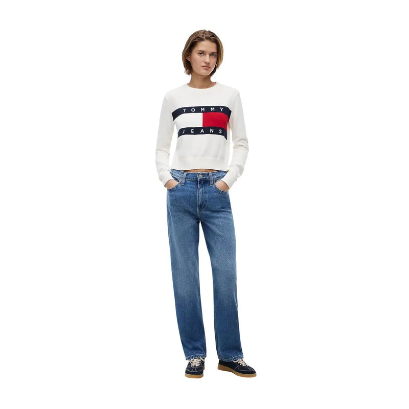 White long-sleeved tommy hilfiger women sweatshirt in organic cotton with bold red white and navy logo across chest
