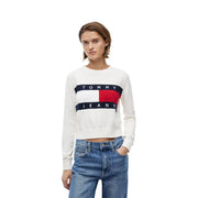 White tommy jeans sweatshirt with bold red white and navy logo made from organic cotton for women by Tommy Hilfiger