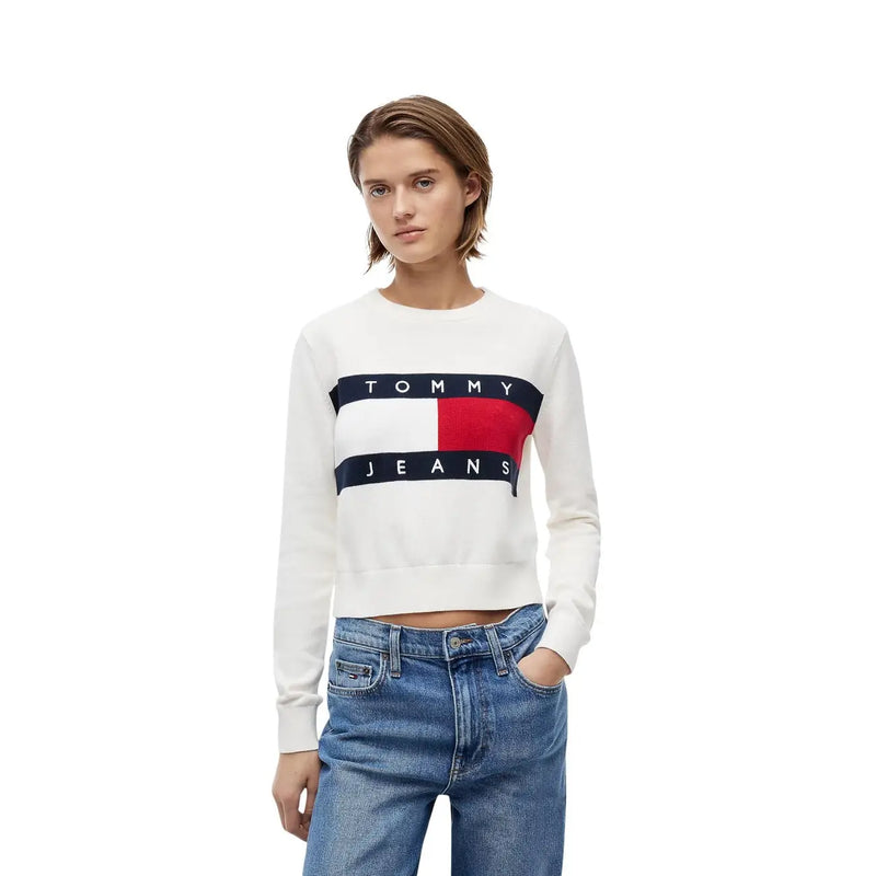 White tommy jeans sweatshirt with bold red white and navy logo made from organic cotton for women by Tommy Hilfiger