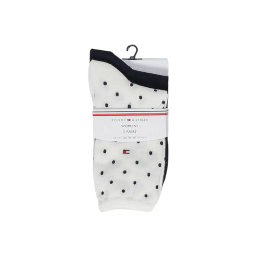 Tommy Hilfiger Weiße Damensocken aus Baumwollmischgewebe mit weißen Punkten und schwarzem Saum in Markenverpackung, Größe S