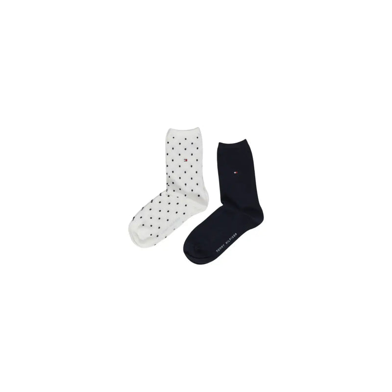Tommy Hilfiger Damensocken aus weißem Baumwollmischgewebe mit schwarzen Punkten und einfarbigem marineblauem Muster, Größe S
