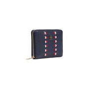 Tommy Hilfiger Damengeldbörse aus blauem, strukturiertem Leder mit roten und weißen runden Nieten und Reißverschlusstaschen, mittelgroß (14 cm).