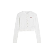 White tommy hilfiger cropped cardigan with ribbed texture and button front in round neck design for women