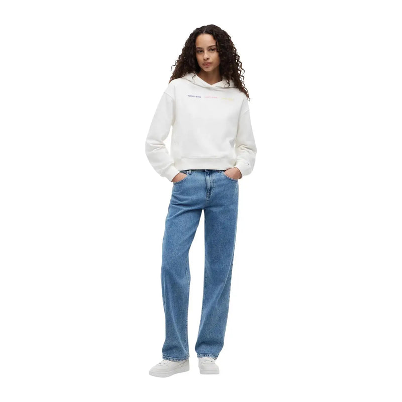Tommy Hilfiger women white cotton hooded sweatshirt with subtle multicolored text across the chest