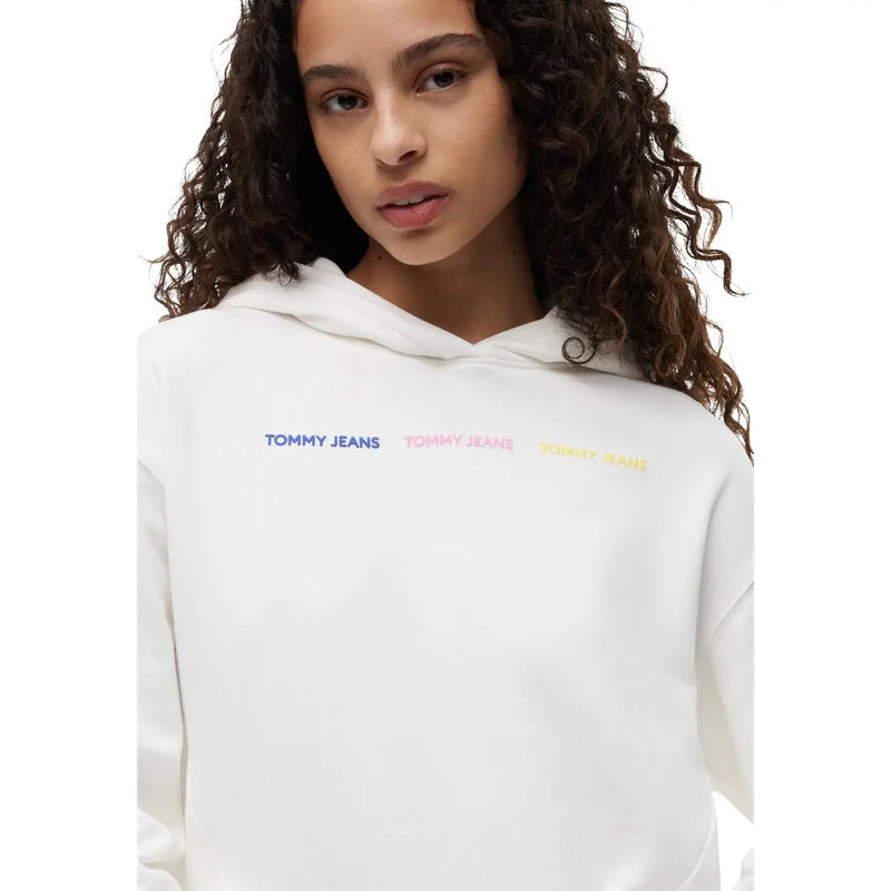 Tommy Hilfiger women white cotton hooded sweatshirt with colorful repeating tommy jeans logo across the chest