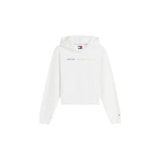 Tommy Hilfiger women white cotton cropped hoodie with subtle multicolored branding and classic logo tag at neckline