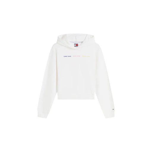 Tommy Hilfiger Weißer, kurzer Damen-Hoodie aus Baumwolle mit dezentem, mehrfarbigem Branding und klassischem Logo-Etikett am Halsausschnitt